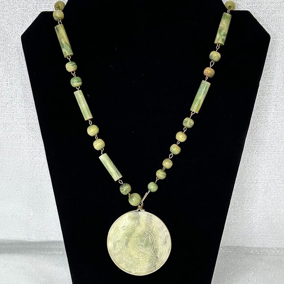 Vintage Aztec Hand Carved Alabaster Stone Beaded Necklace 1970's   Make Offer! - Picture 1 of 2